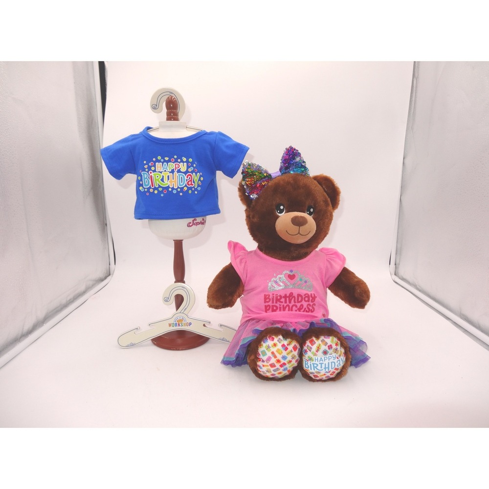 Build A Bear Happy Birthday Bear Plush 16" Stuffed Animal 2 Shirts Skirt Hanger